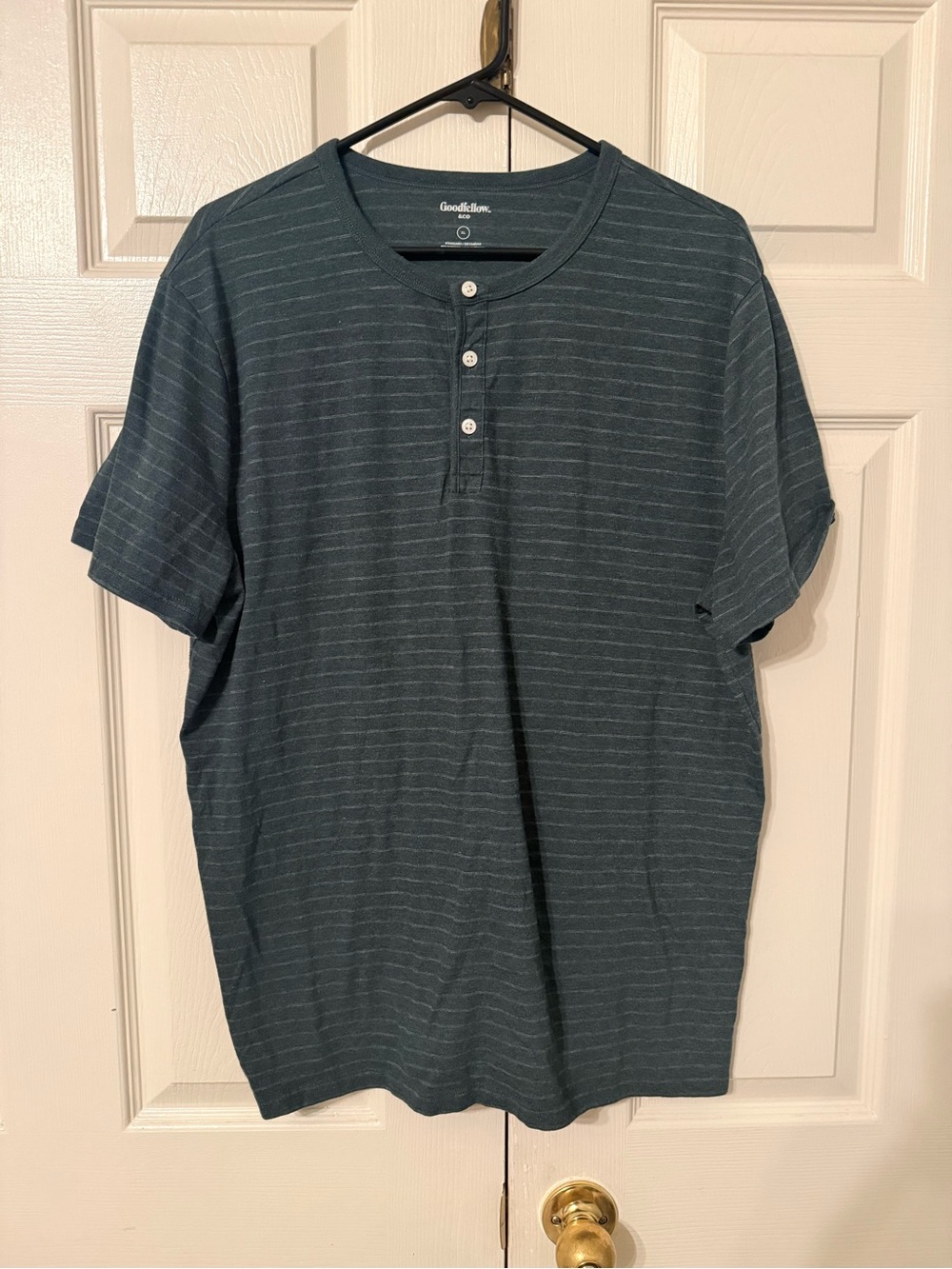 Goodfellow & Co Short Sleeve Henley in Teal with Thin Stripes
